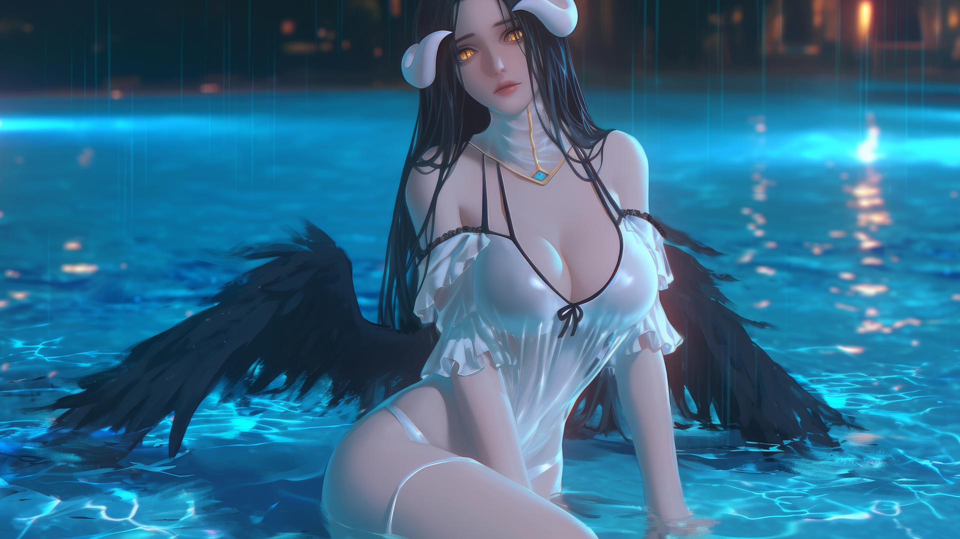Albedo from Overlord at rainy swimming pool, warm light glow, golden irises, horns.
