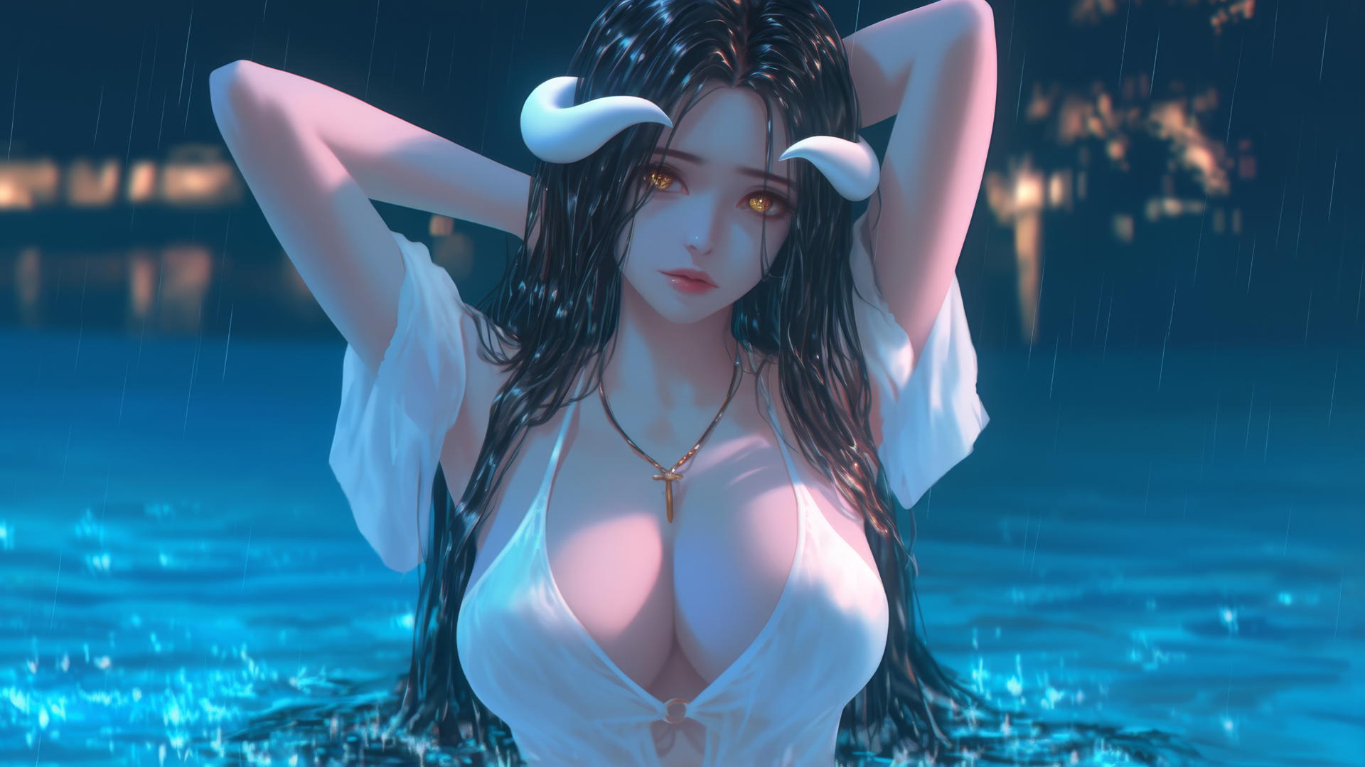 Albedo from Overlord at a rainy swimming pool with warm light and horns