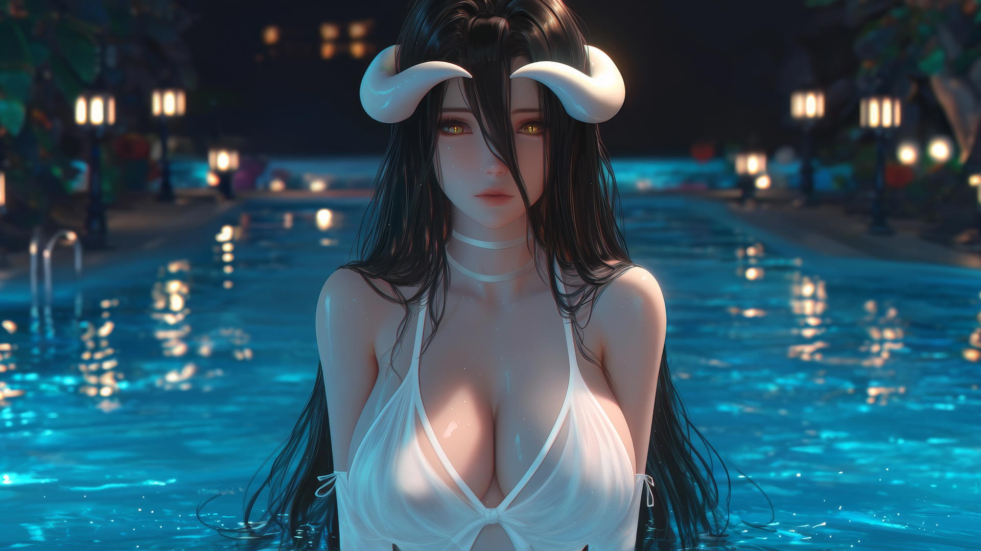 Albedo from Overlord at a rainy swimming pool with warm light and golden irises