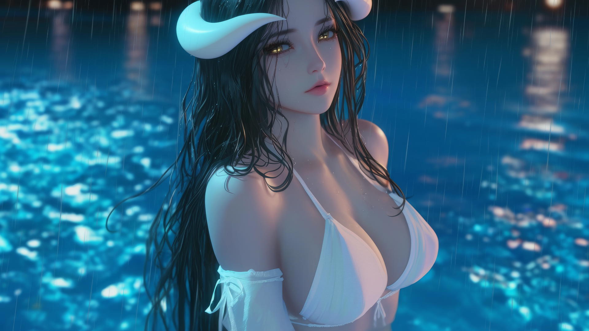 Albedo from Overlord at a rainy swimming pool with a warm light glow, golden irises, and horns.
