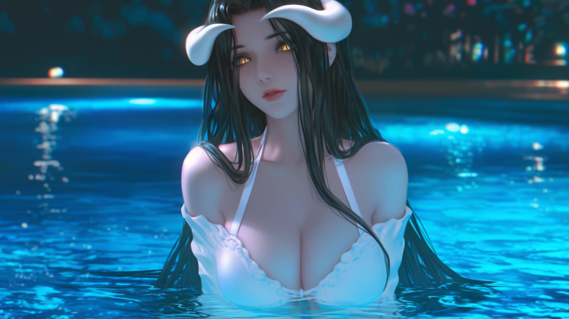 Albedo from Overlord at a rainy swimming pool with warm light and golden irises.