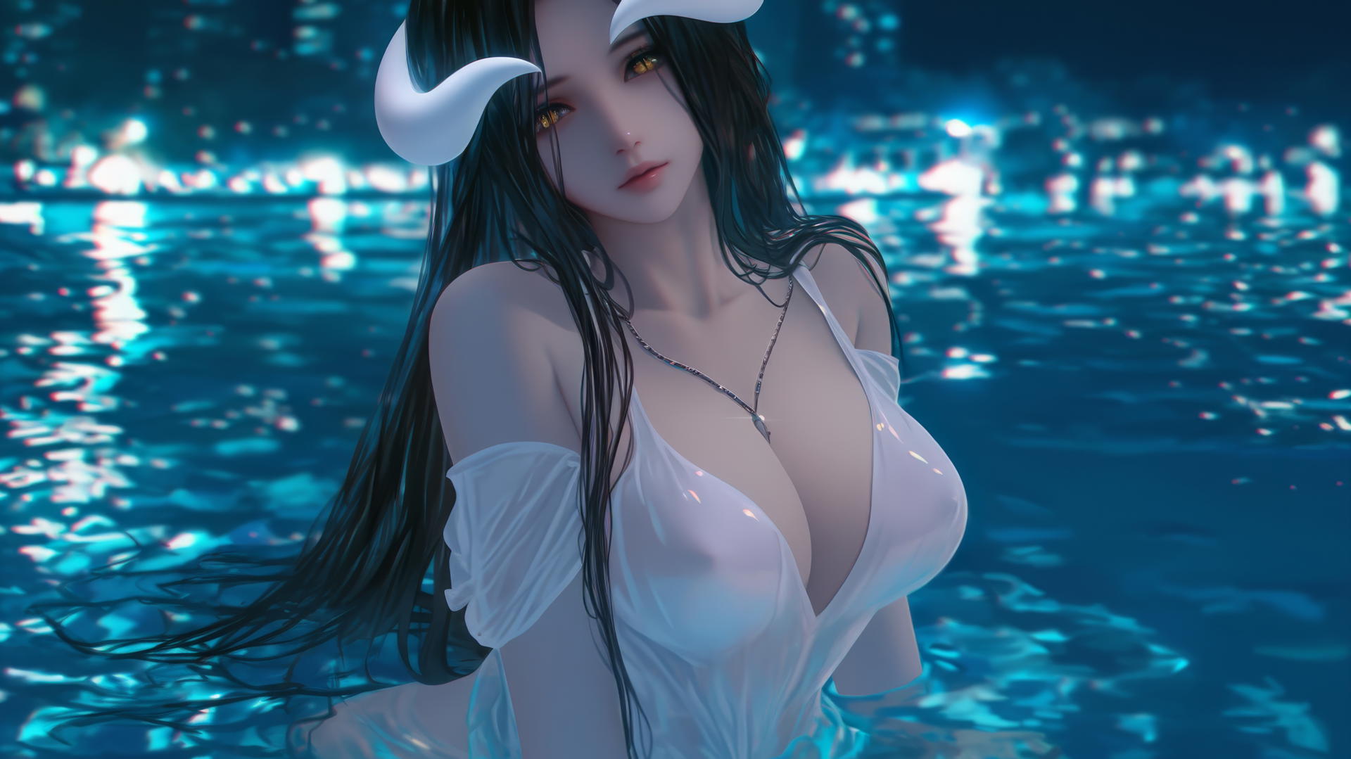 Albedo from Overlord at rainy pool, warm light on her, golden irises, split pupils, horns on temples.