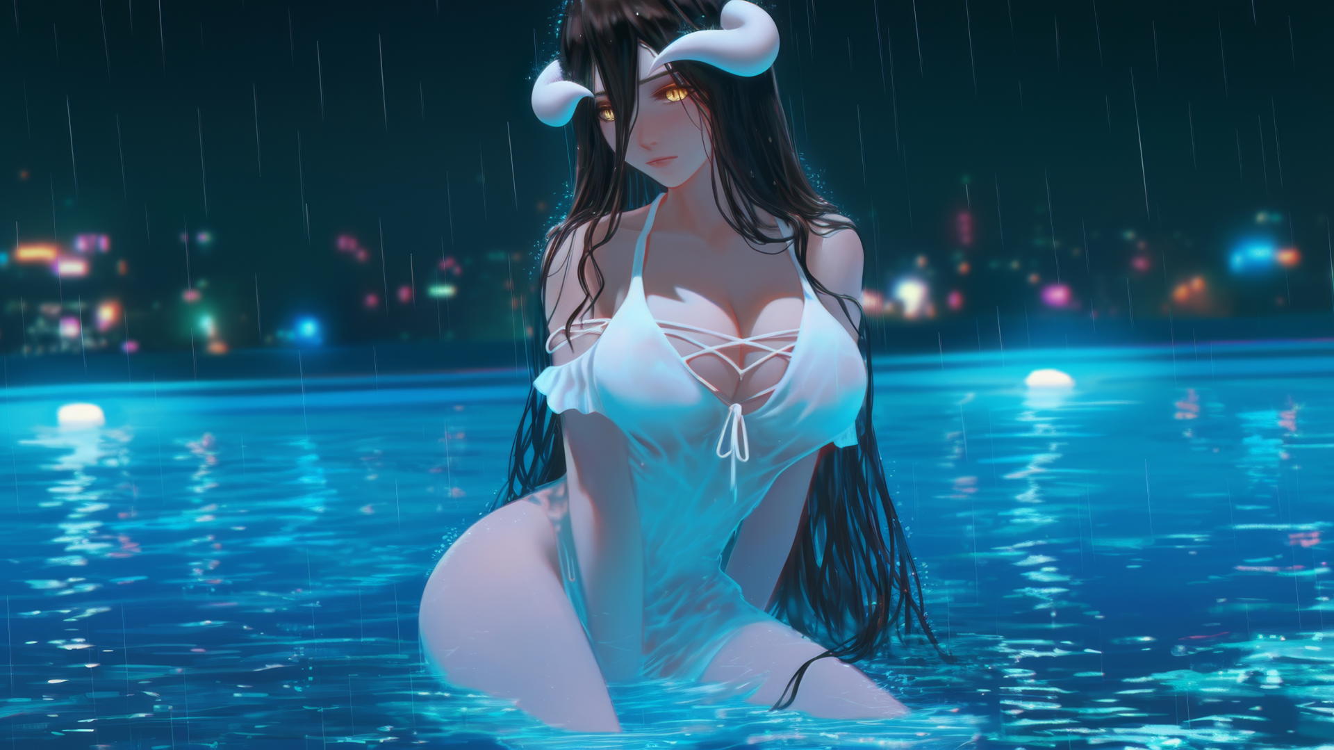 Albedo from Overlord at a rainy swimming pool with soft warm light, golden irises, and horns.