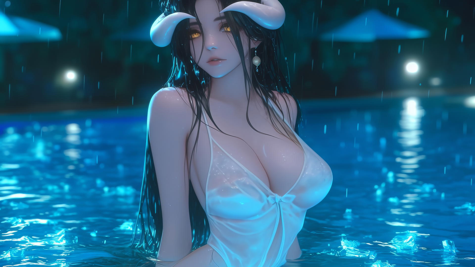 Albedo from Overlord at a rainy swimming pool with warm light, golden irises, and horns.