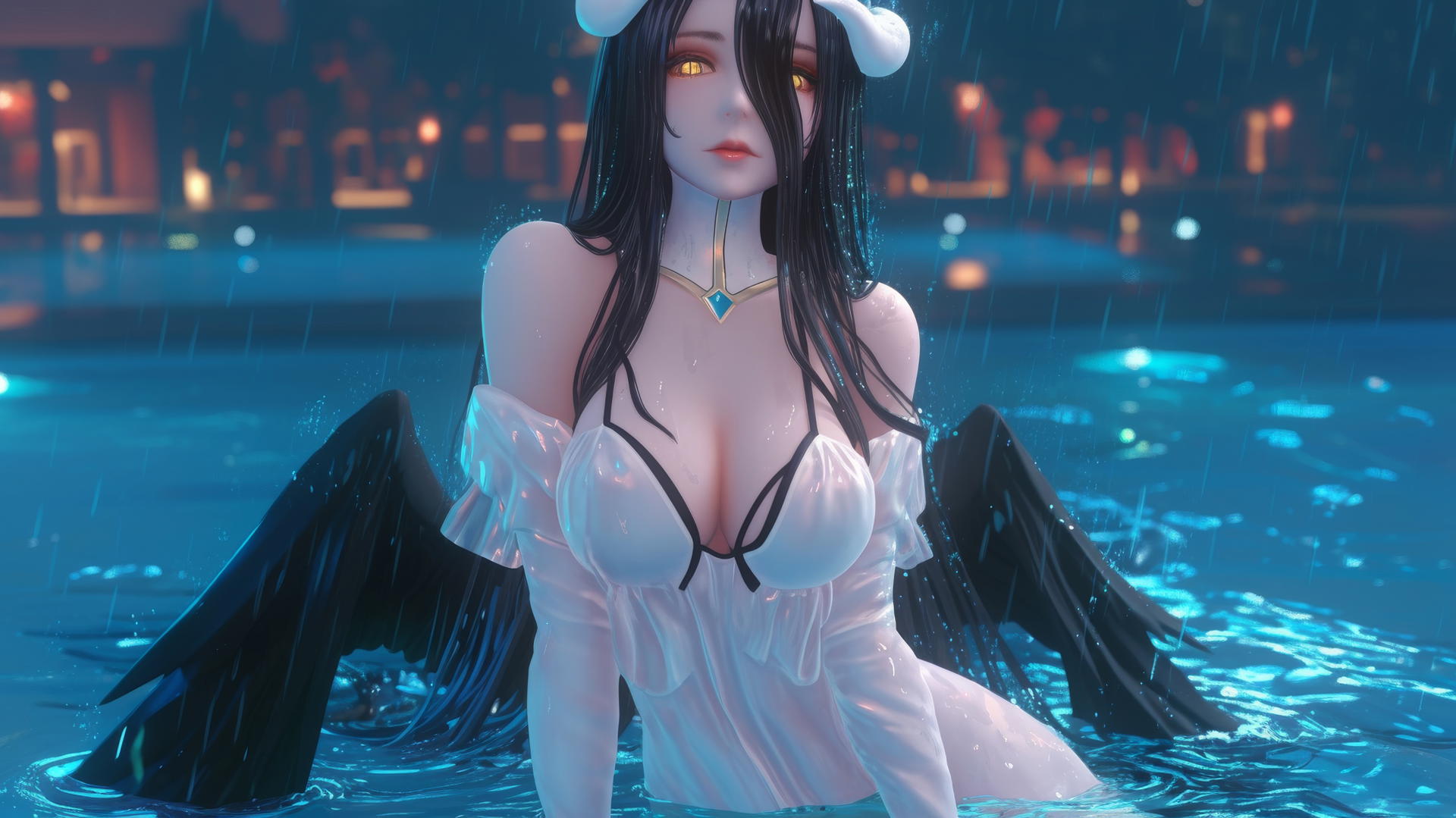 Albedo from Overlord at a rainy swimming pool, with warm light and distinct features.