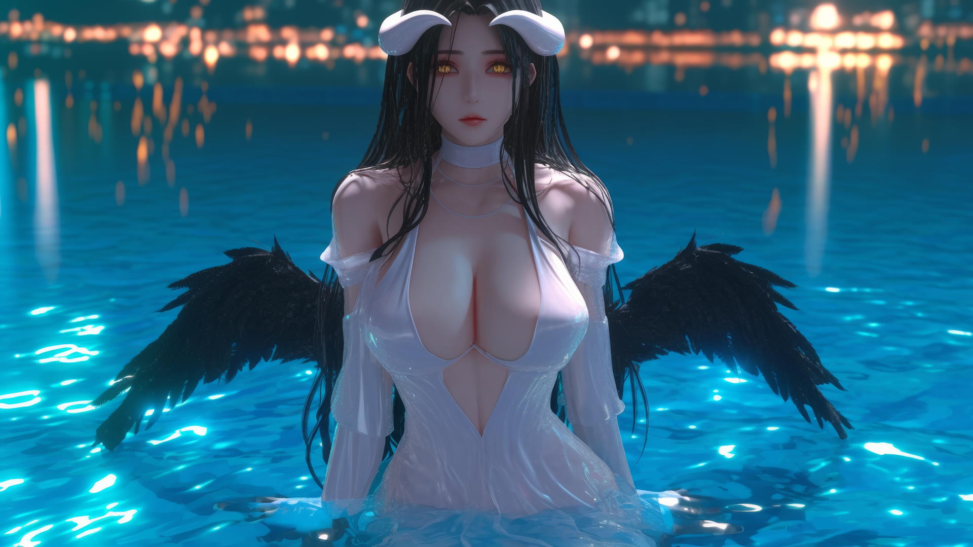 Albedo from Overlord at a rainy swimming pool with warm light and glowing figure