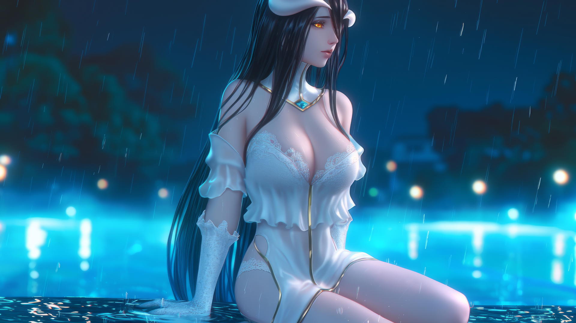 Albedo from Overlord at a rainy swimming pool with warm light and soft glow