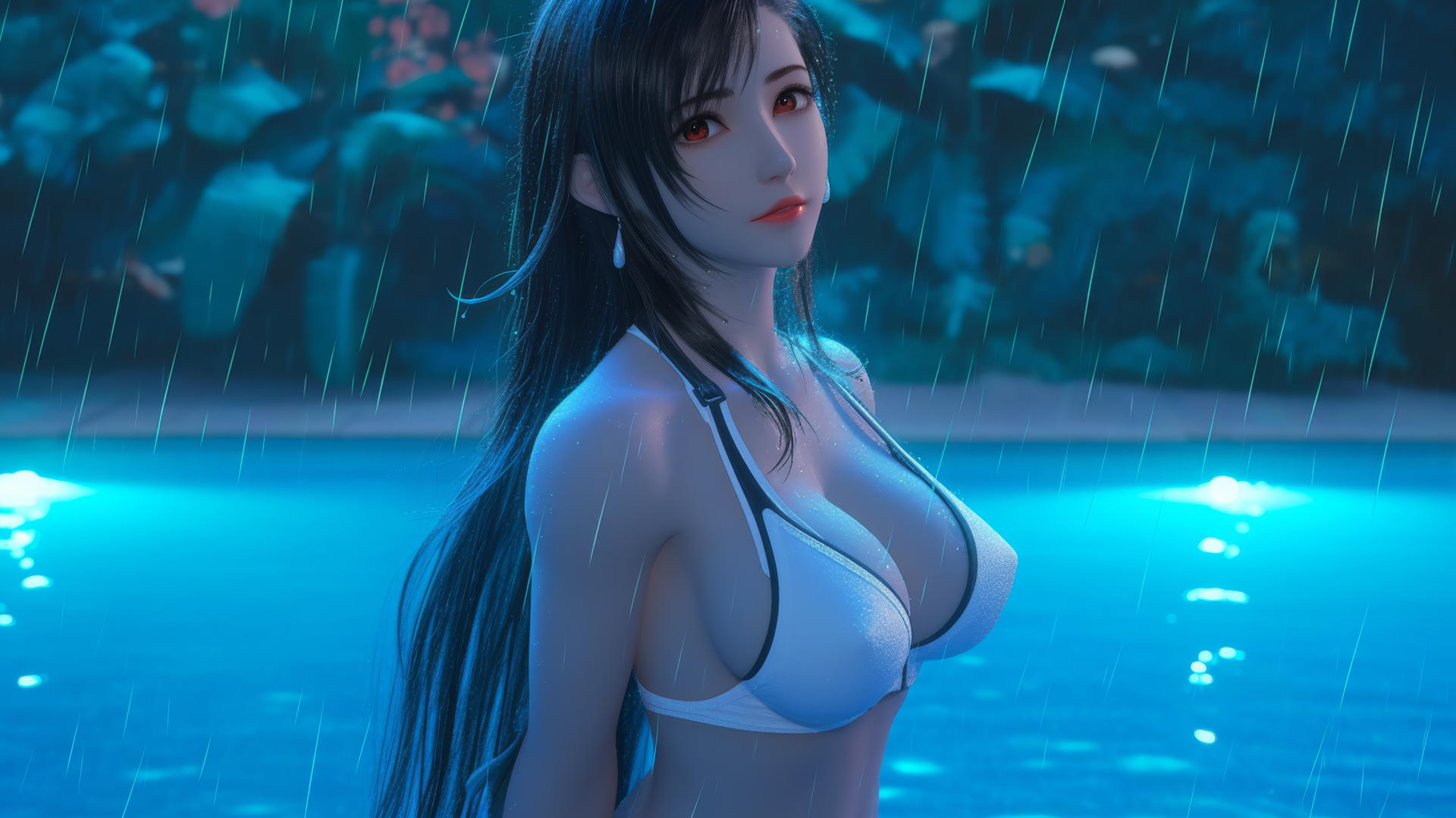 Tifa Lockhart from Final Fantasy at a rainy swimming pool with neon light