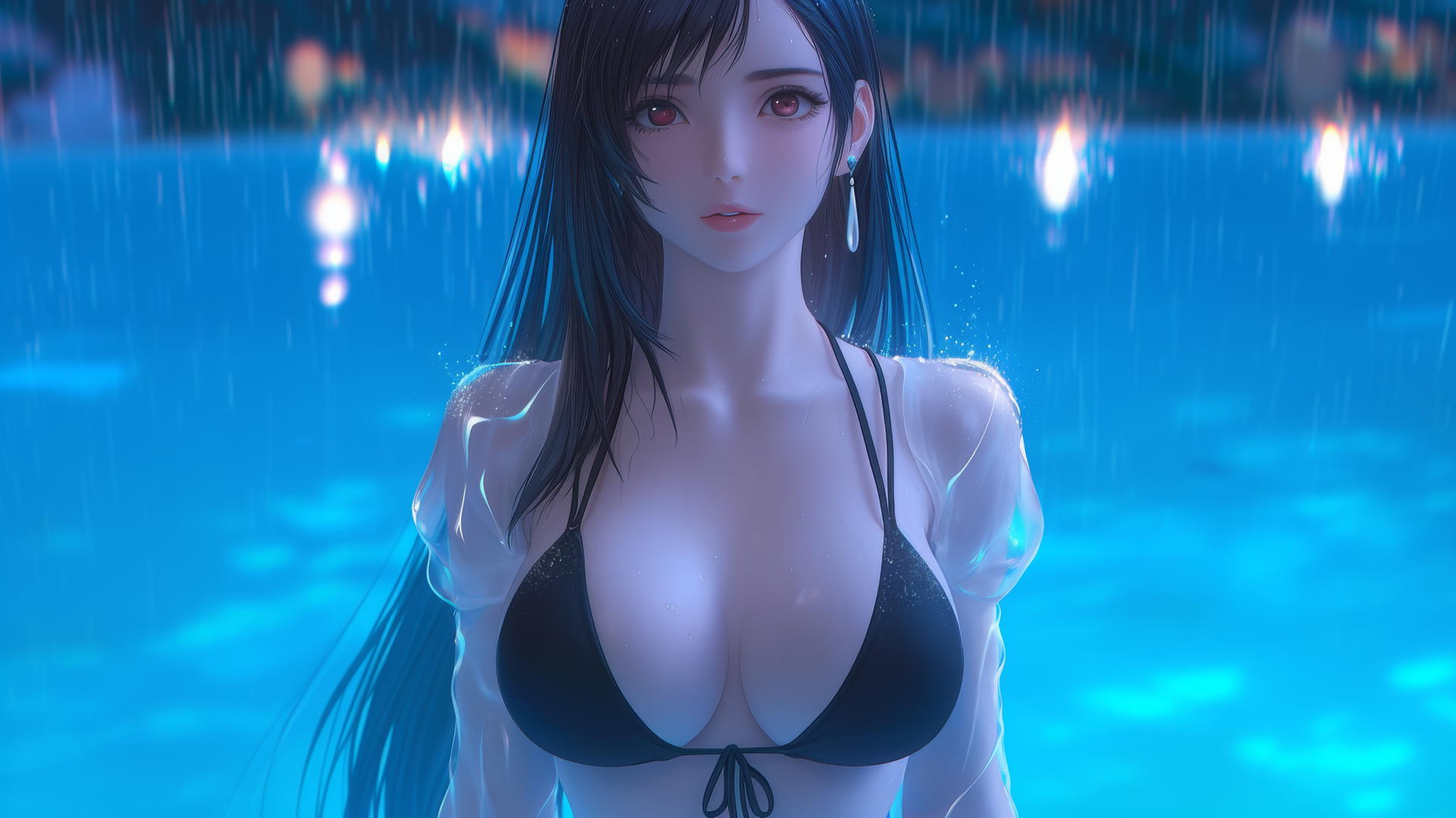 Tifa Lockhart in a rainy swimming pool with neon light casting a soft glow