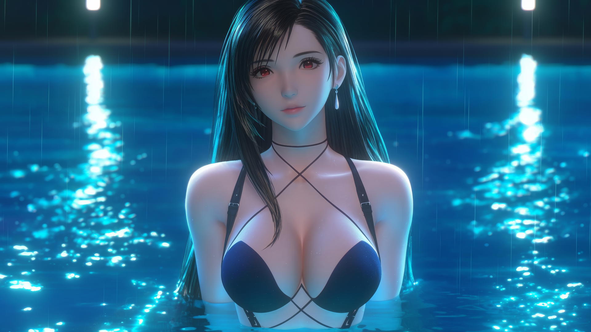 Tifa Lockhart at a rainy swimming pool with neon lights glowing.