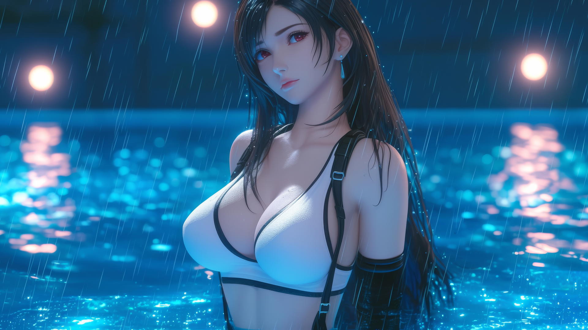 Tifa Lockhart in a rainy pool with neon light glow