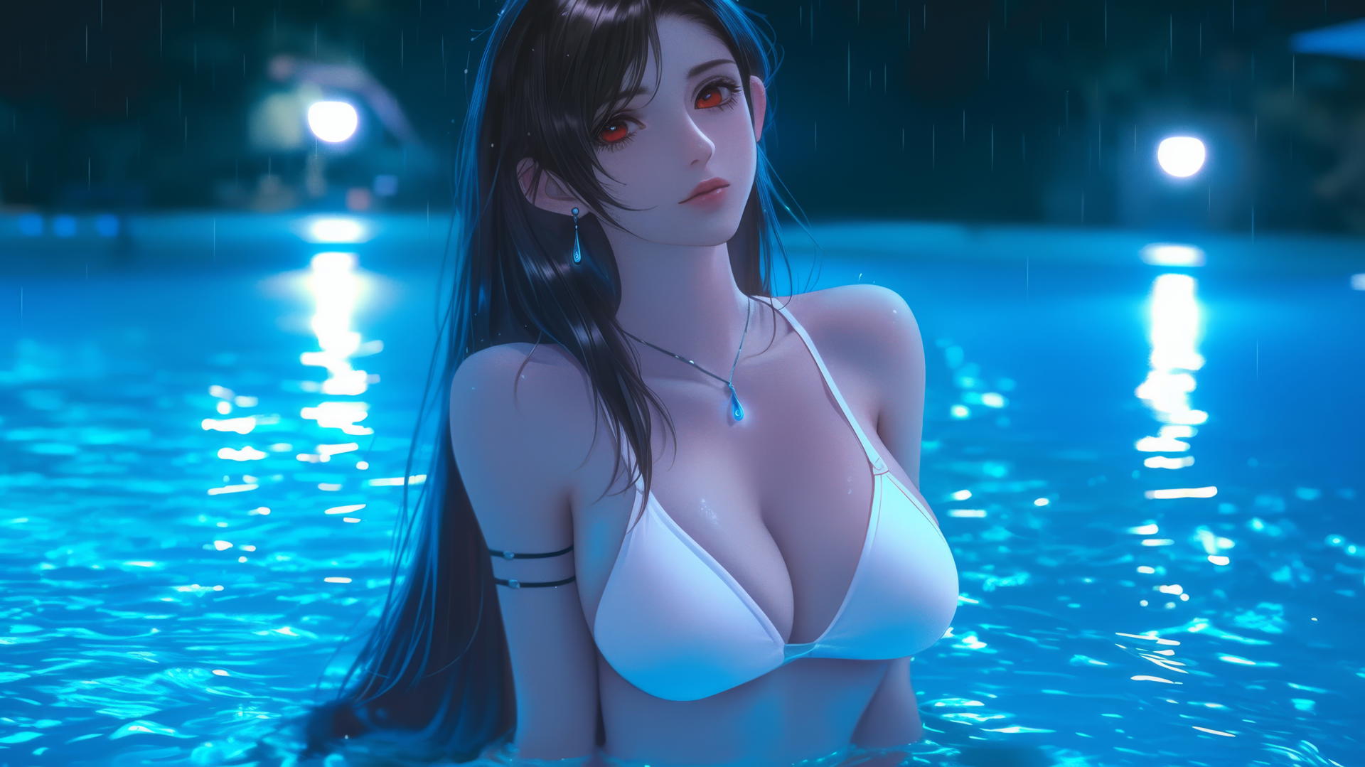 Tifa Lockhart from Final Fantasy in a rainy swimming pool with neon light glow.