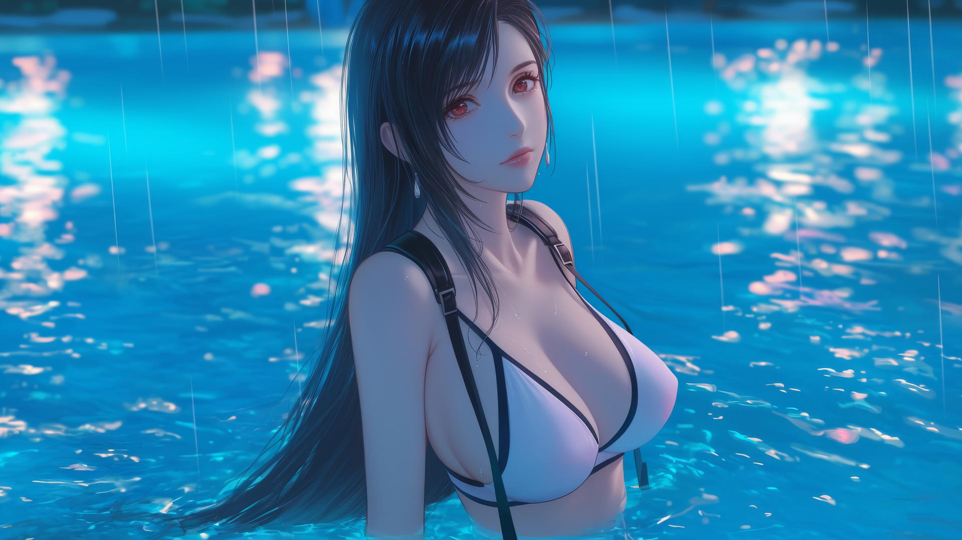 Tifa Lockhart from Final Fantasy at a rainy swimming pool, neon light glow.