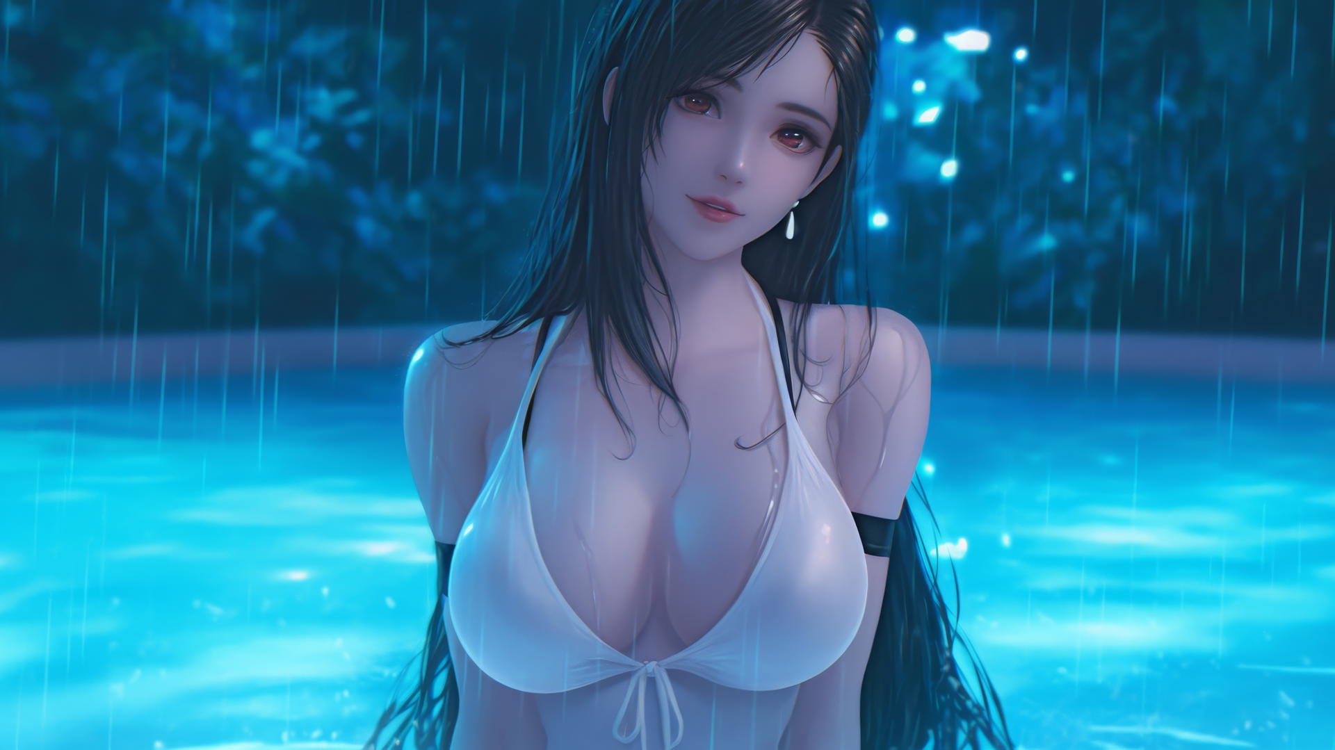 Tifa Lockhart in a rainy swimming pool with neon light glow
