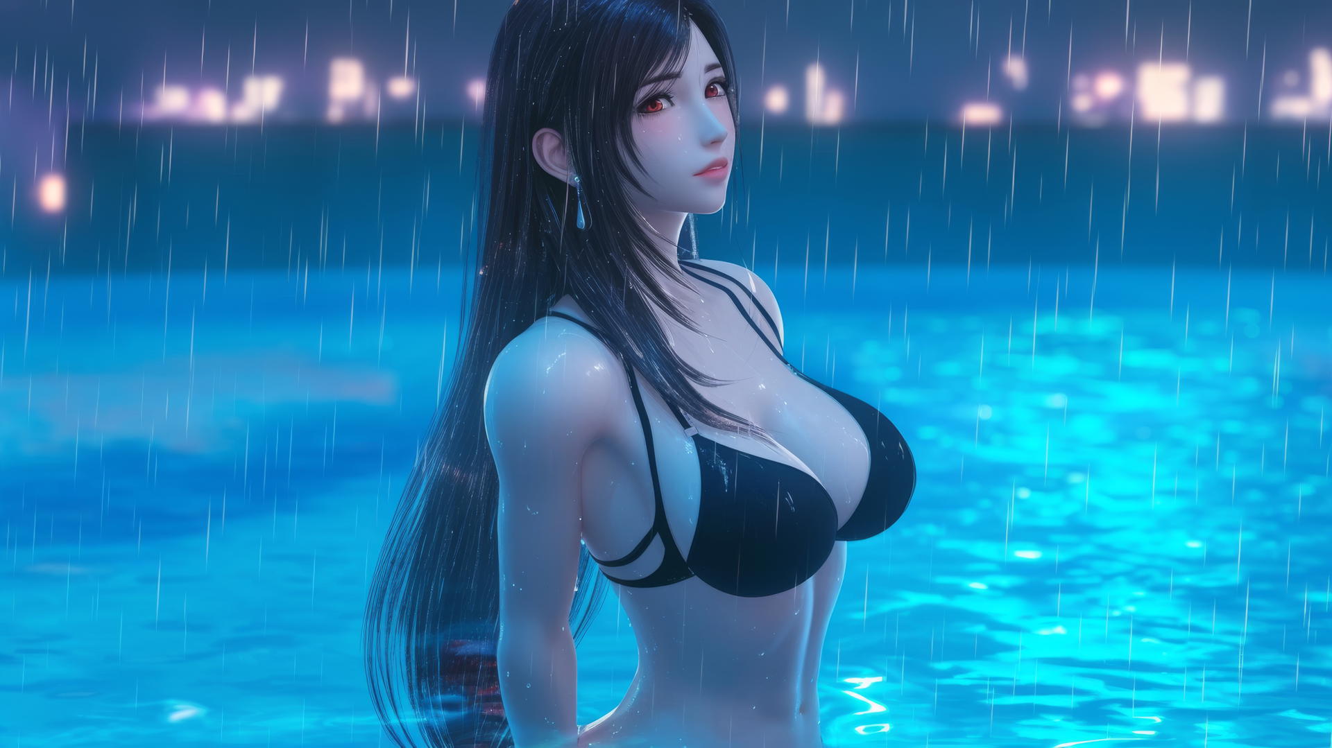 Tifa Lockhart from Final Fantasy at a rainy swimming pool with neon lights.