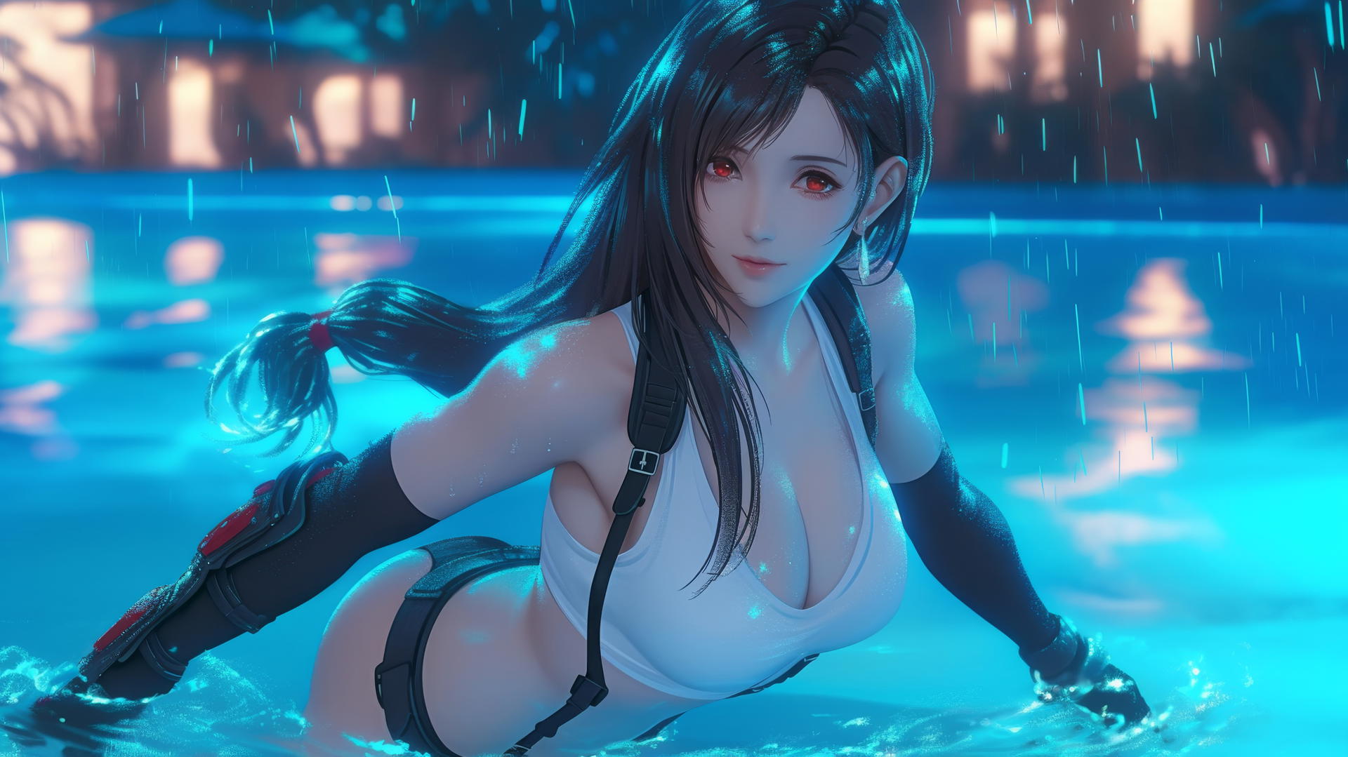 Tifa Lockhart from Final Fantasy jumping out of a rainy swimming pool with neon light glow.