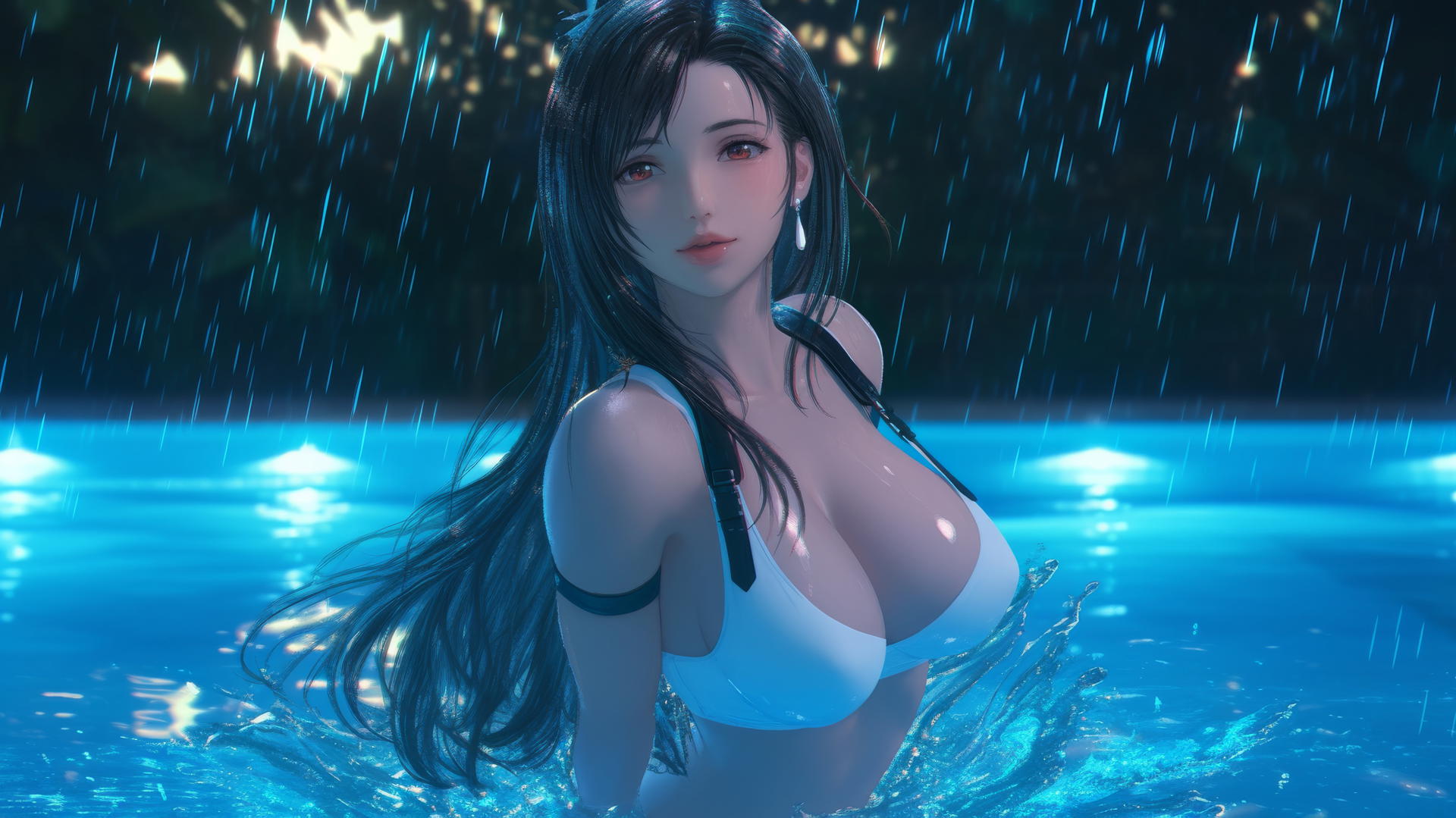 Tifa Lockhart jumping out of a rainy swimming pool with neon light.