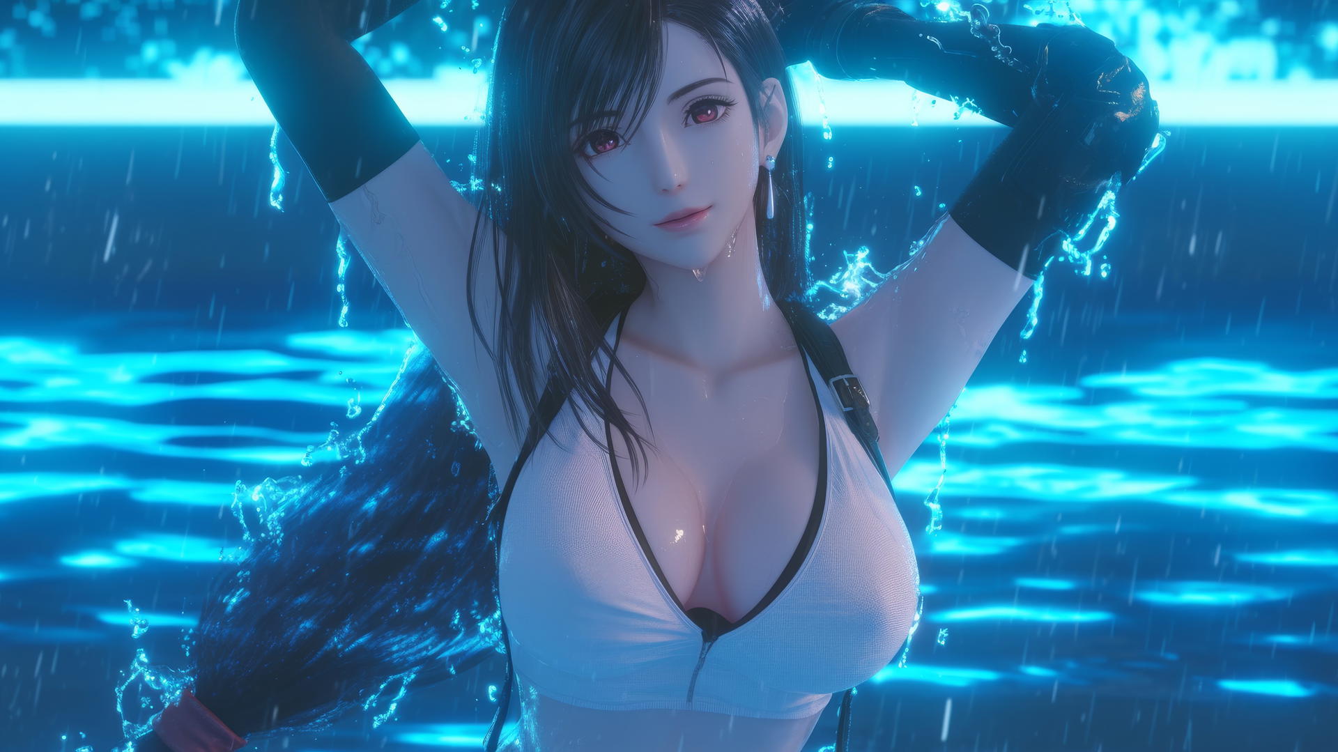 Tifa Lockhart jumping out of a rainy swimming pool with neon light glow