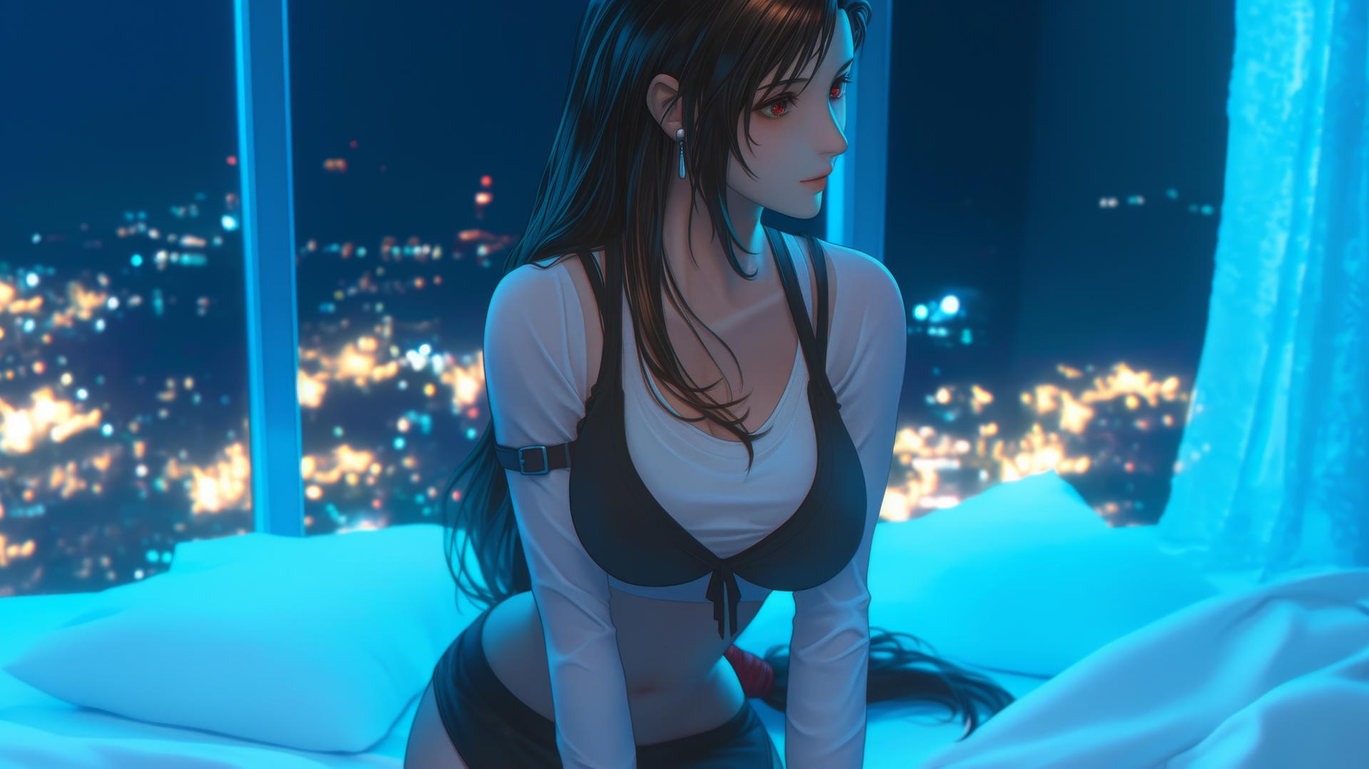 Tifa Lockhart in a modern hotel room with neon light glow