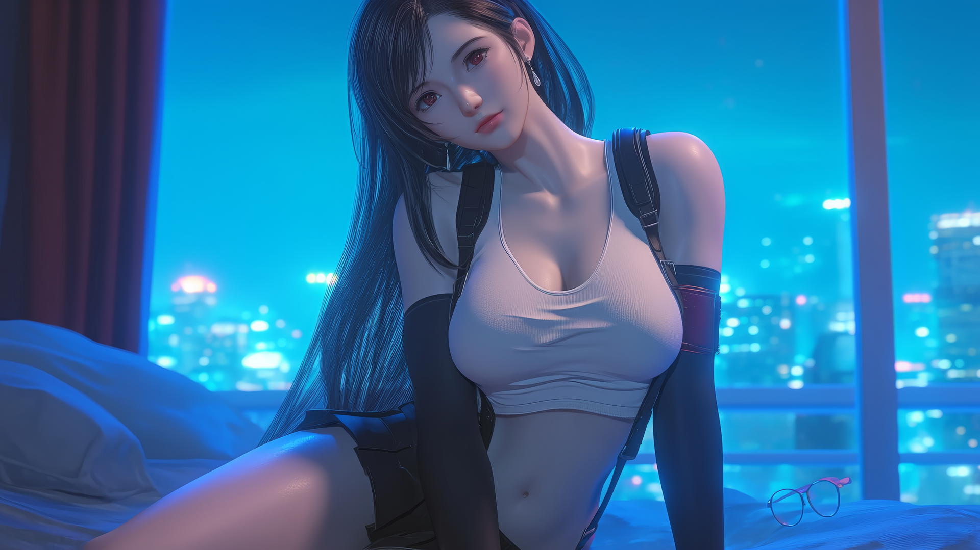 Tifa Lockhart in modern hotel room with neon light glow