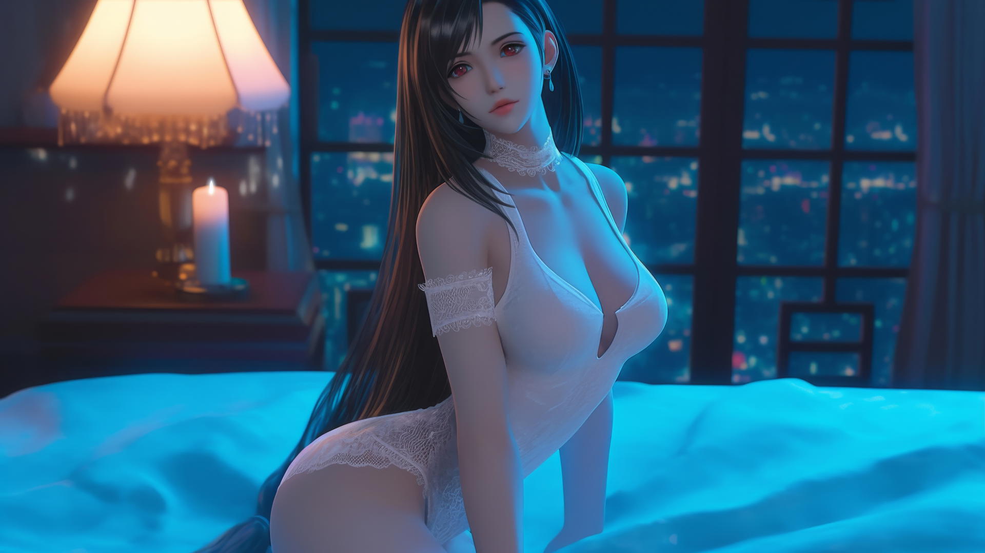 Tifa Lockhart in a modern hotel room with neon light glow