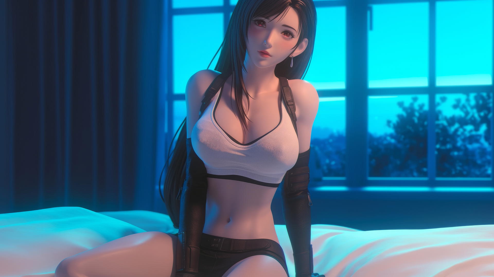 Extremely beautiful Tifa Lockhart in a modern hotel room with neon light glow