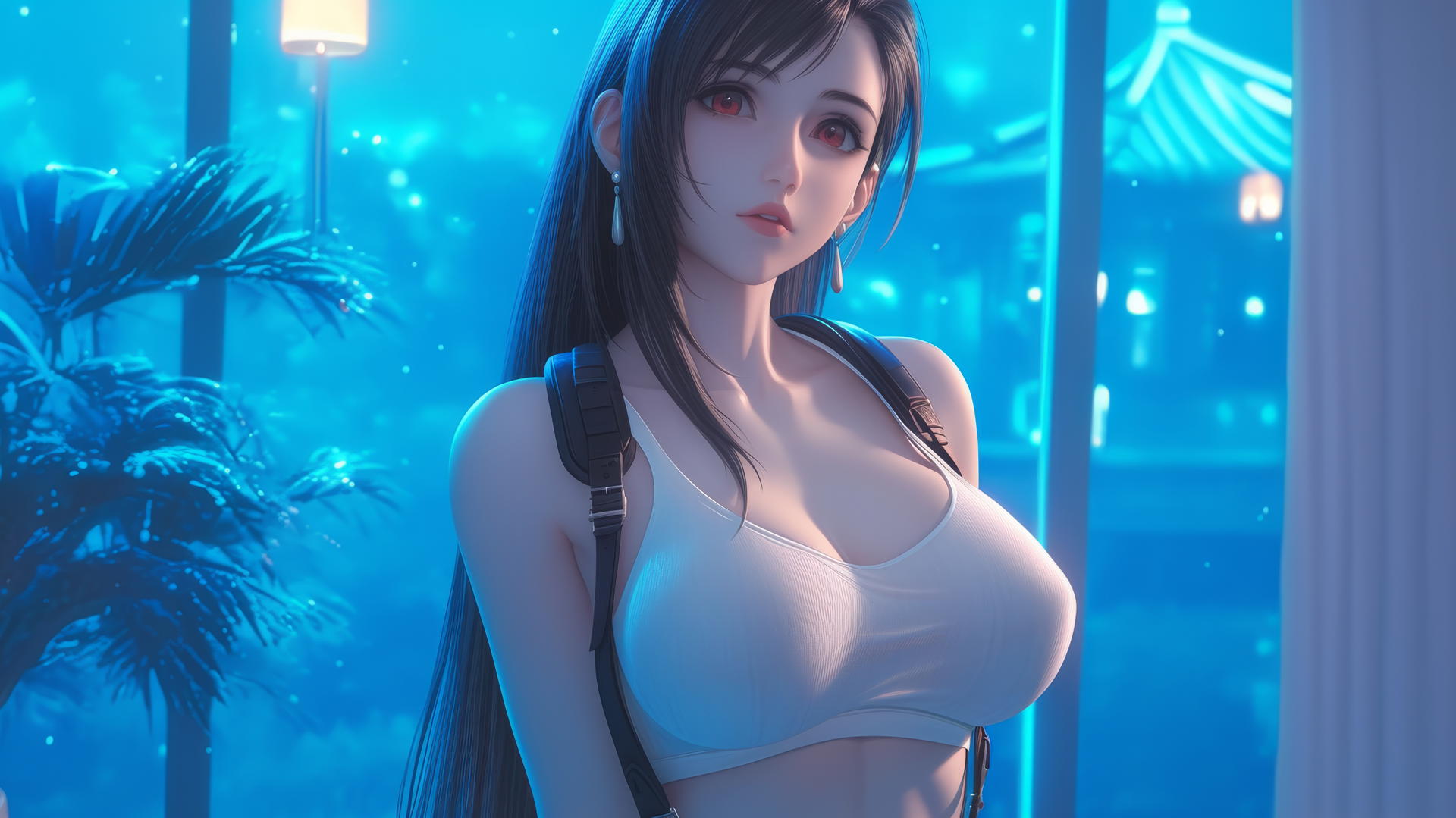 Beautiful Tifa Lockhart in a modern hotel room with neon light glow.