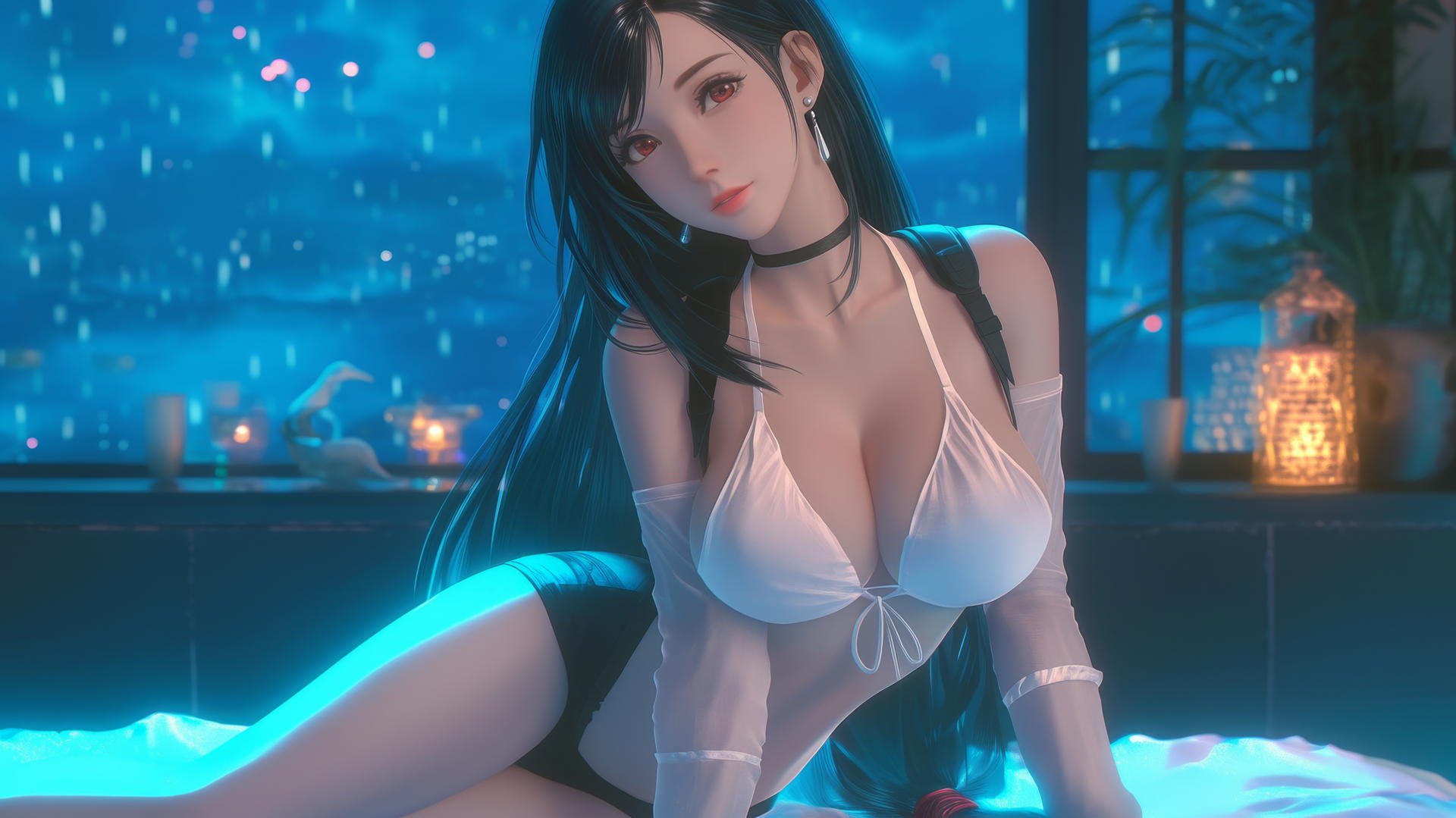 Tifa Lockhart in a modern hotel room with neon light glow