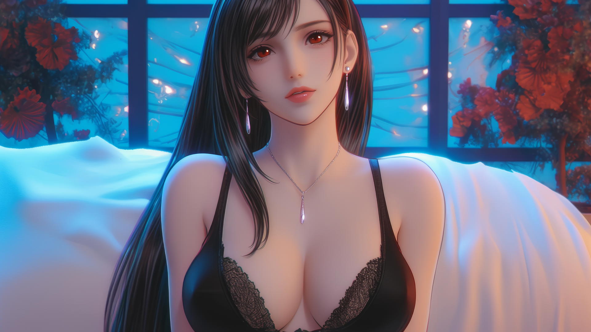 Tifa Lockhart in a modern hotel room with neon light glow