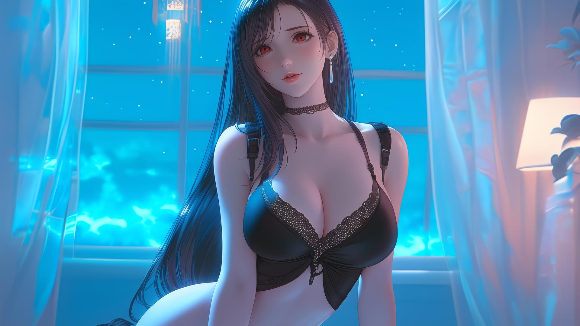 Tifa Lockhart in a modern hotel room with neon light glow.