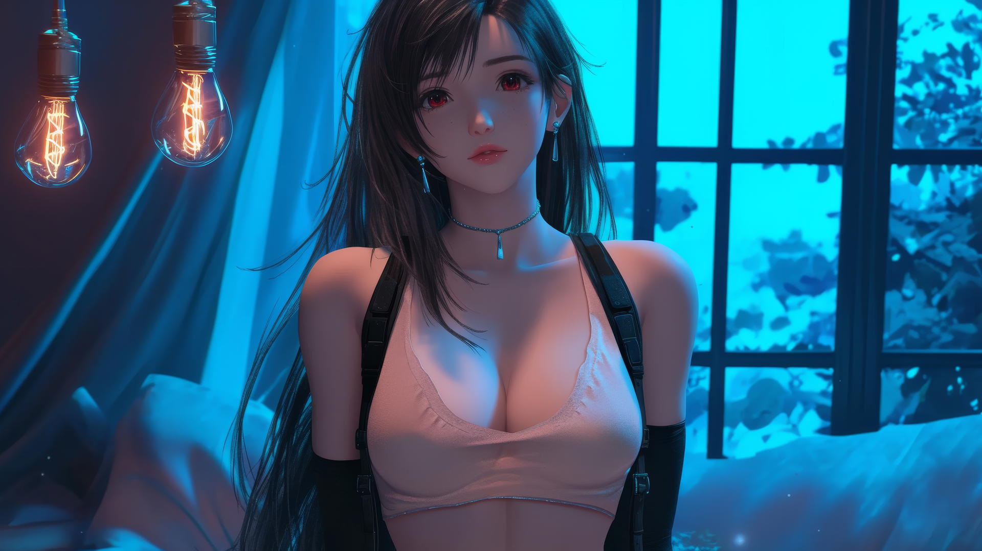 Tifa Lockhart in a modern hotel room with neon light glow.