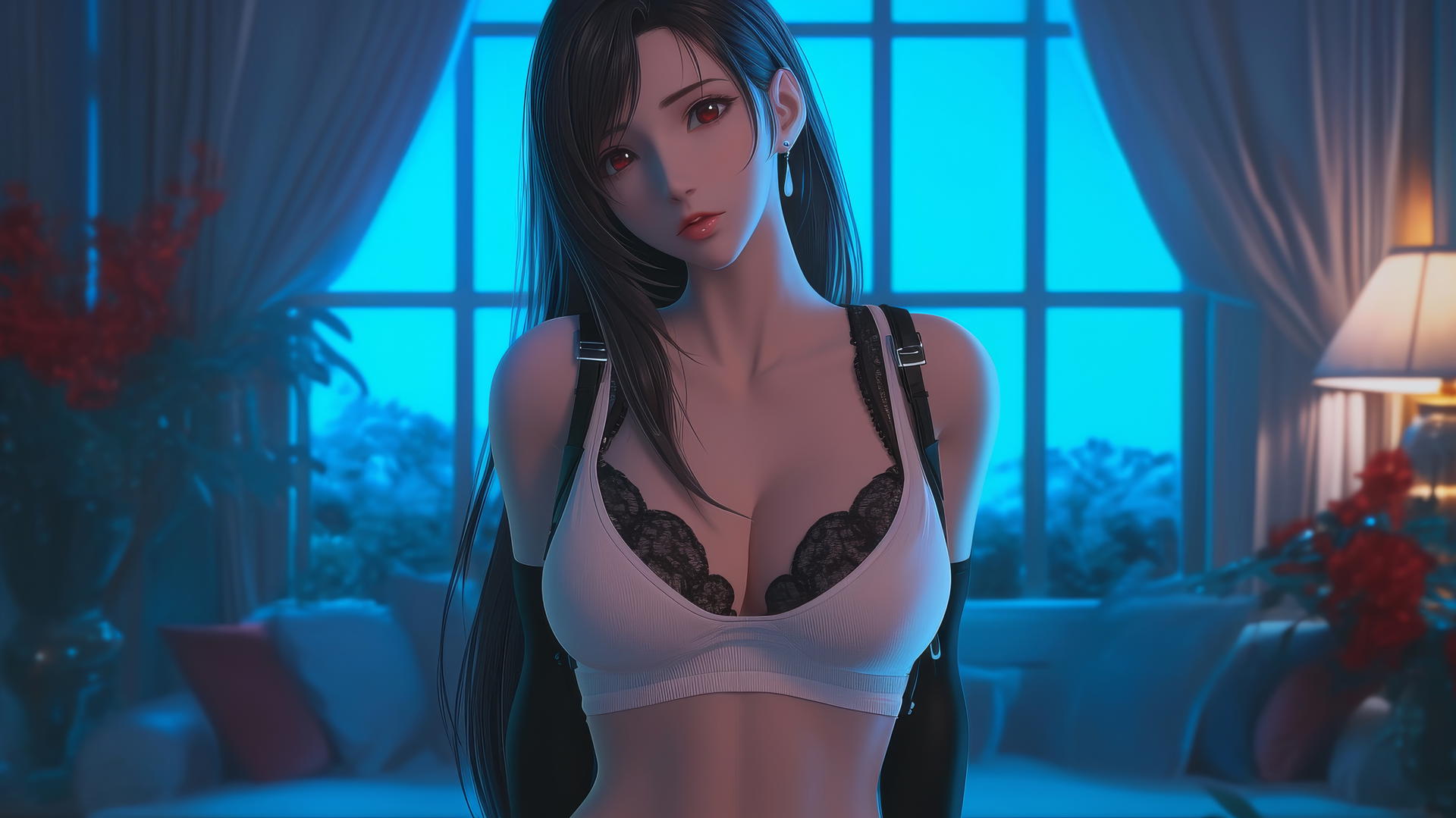 Tifa Lockhart in a modern hotel room with neon light casting a soft glow.