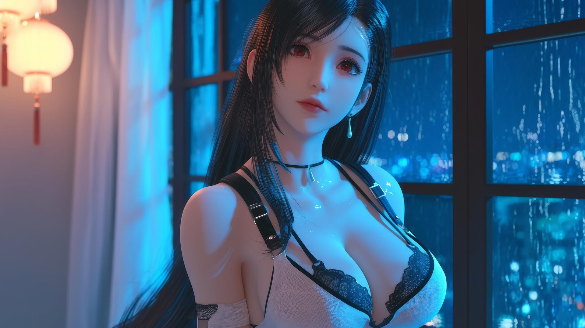 Tifa Lockhart in modern hotel room, illuminated by neon glow.