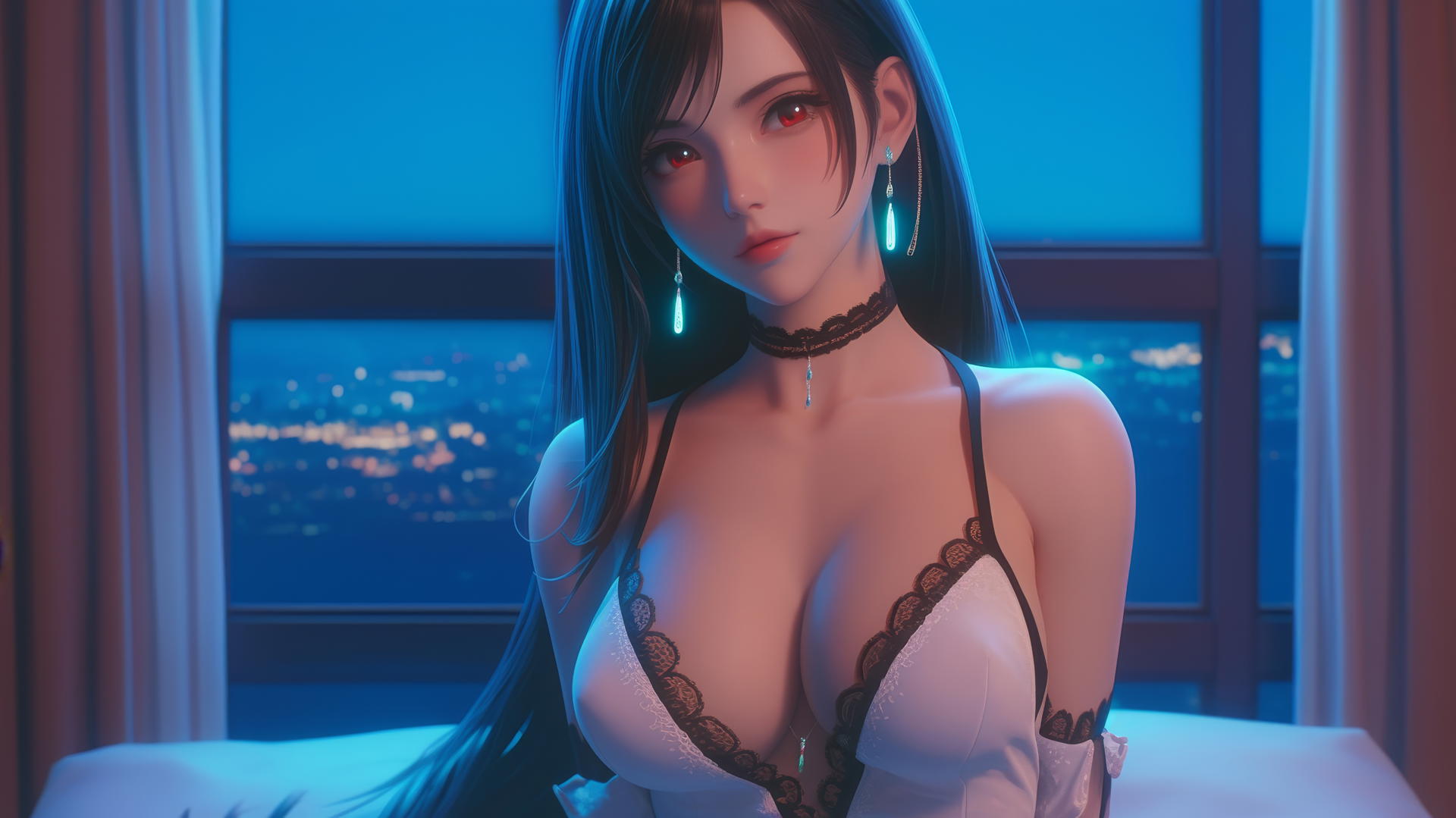Tifa Lockhart in modern hotel room with neon light glow