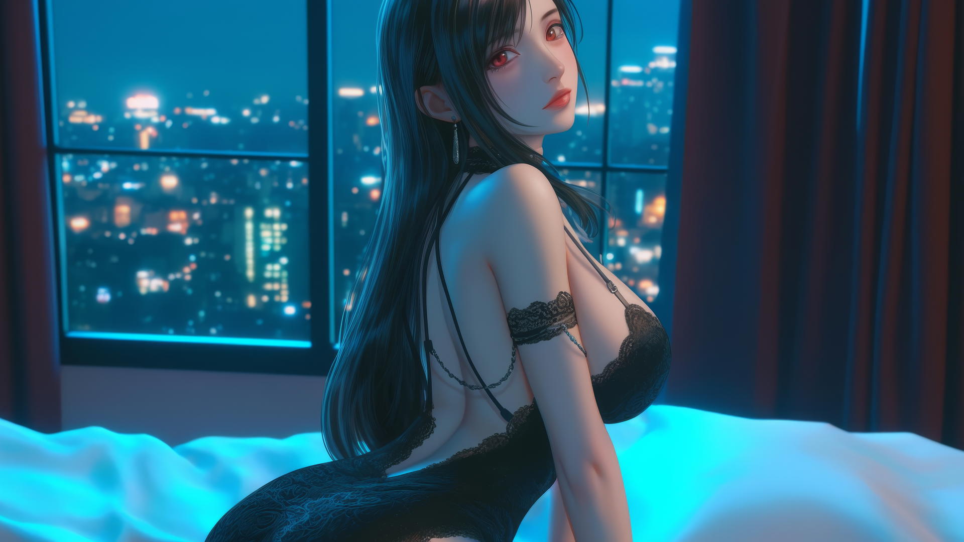Tifa Lockhart from Final Fantasy resting in a modern hotel room with neon lighting