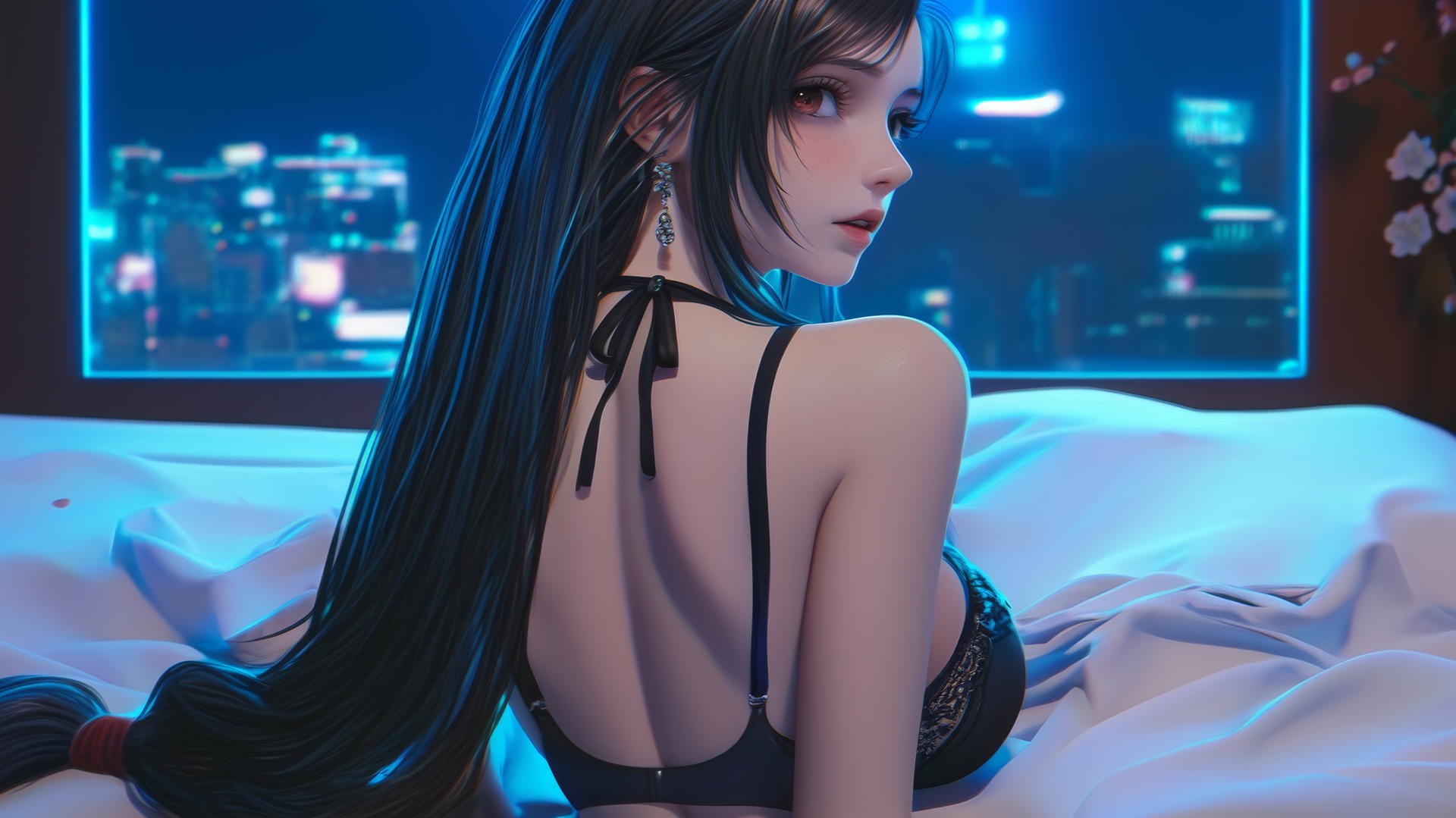 Tifa Lockhart from Final Fantasy resting in modern hotel room with neon light
