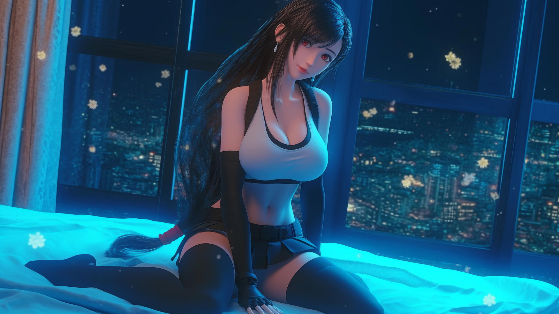 Tifa Lockhart kneeling underfoot in a neon-lit modern hotel room.