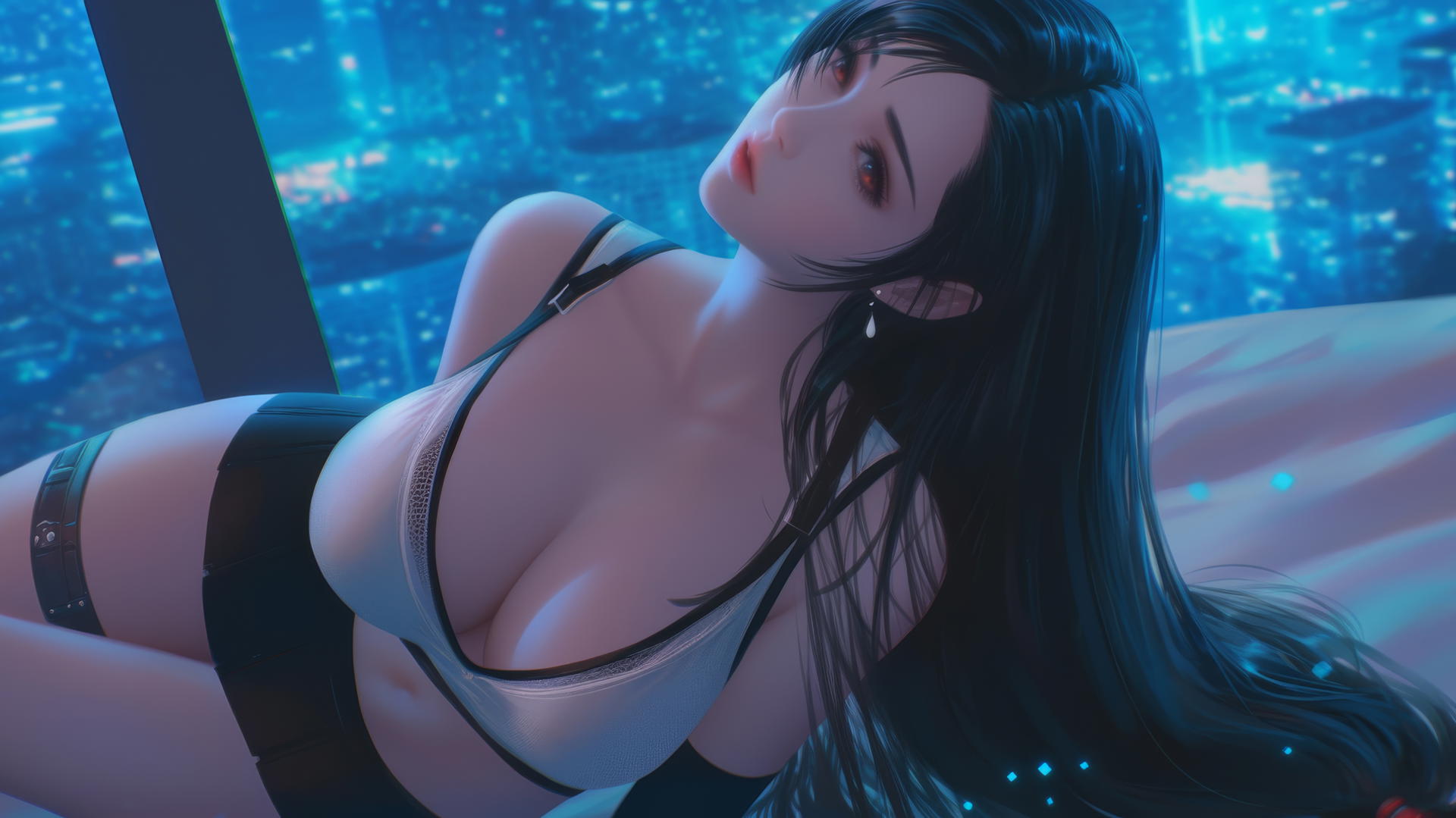 Tifa Lockhart from Final Fantasy kneeling underfoot with neon light in modern hotel.