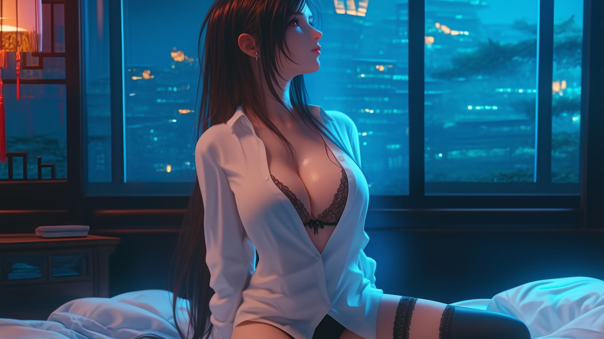 Tifa Lockhart kneeling in white office shirt with neon light glow