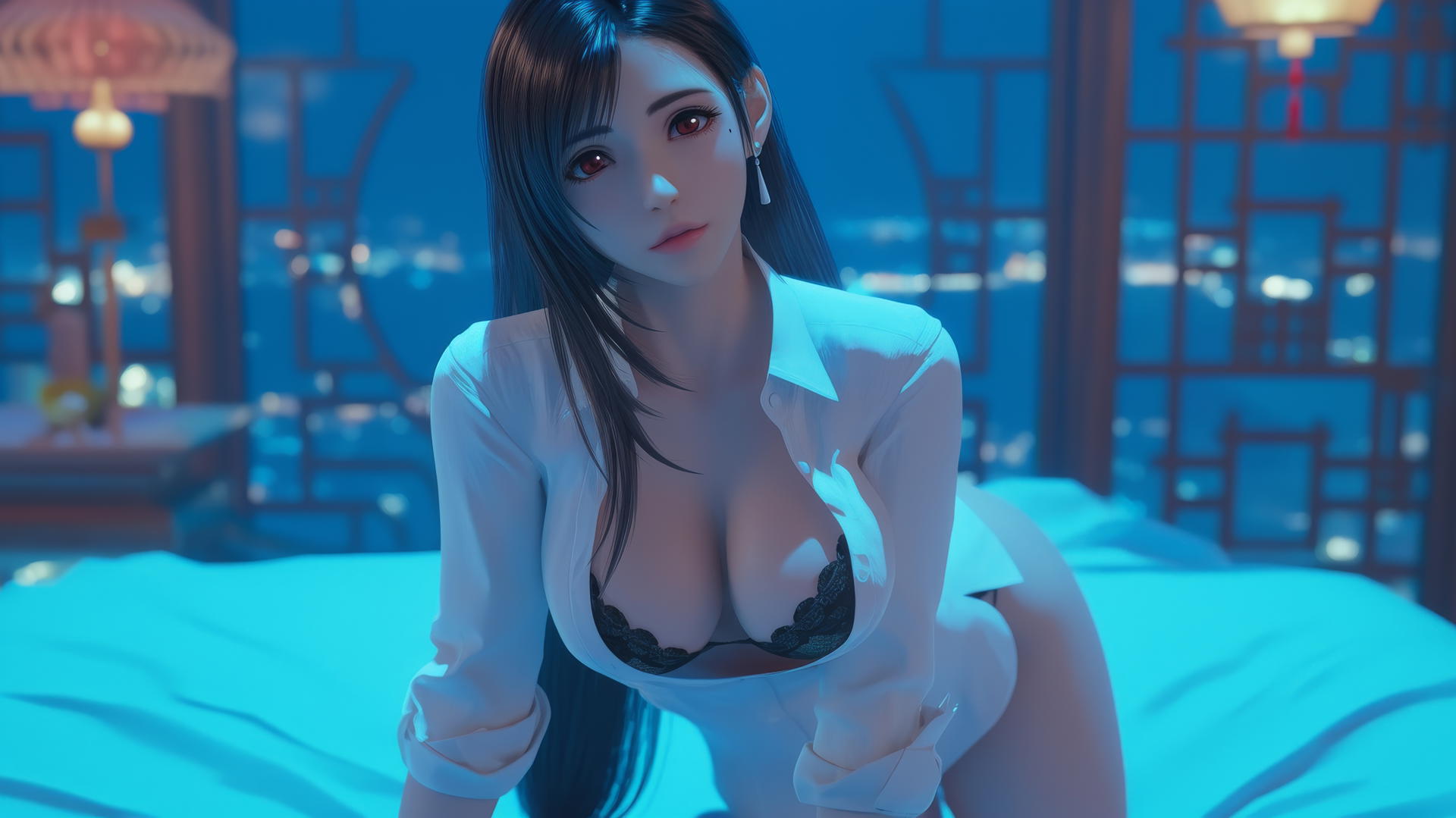 Tifa Lockhart kneeling in a white shirt, neon-lit hotel room.