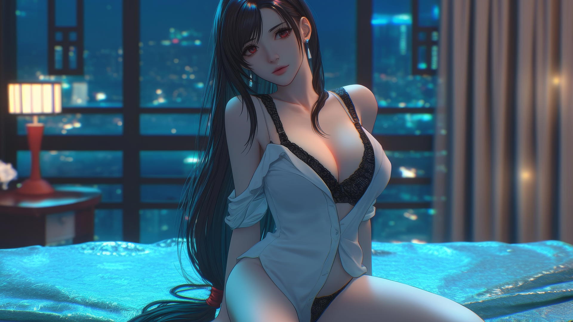 Tifa Lockhart kneeling in a modern neon-lit hotel room