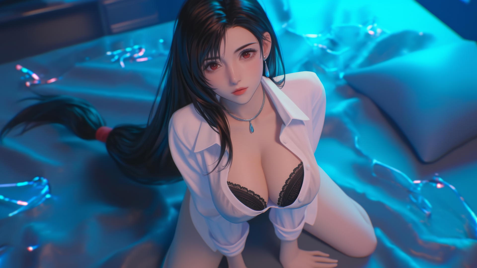 Tifa Lockhart kneeling in white office shirt with neon light in modern hotel room.