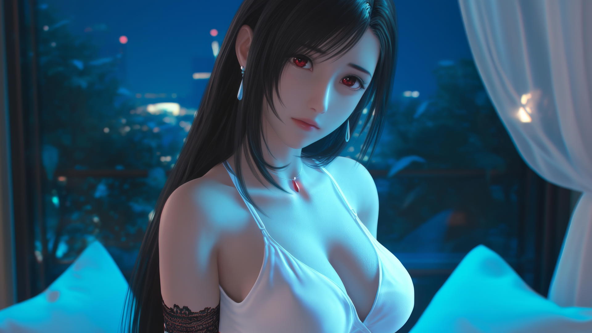 Tifa Lockhart in white office shirt, neon-lit hotel room, intense gaze