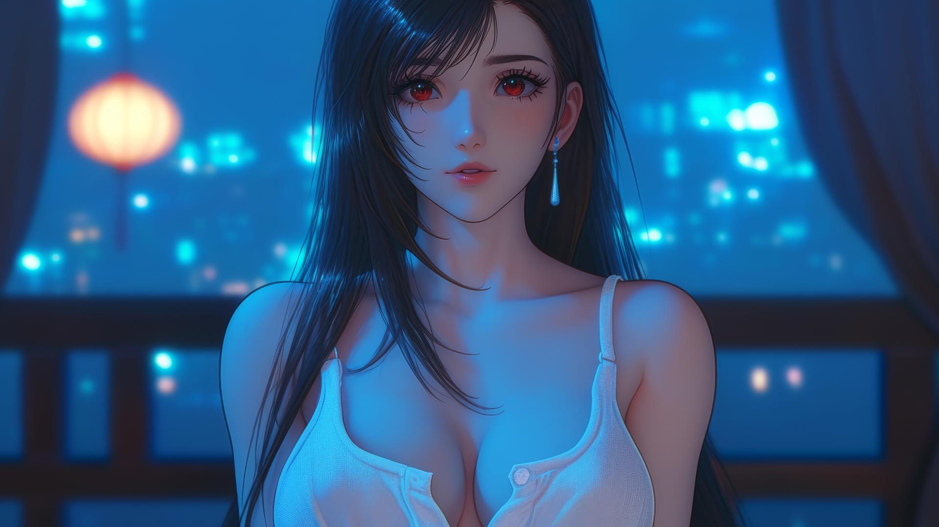 Tifa Lockhart in white office shirt gazing intensely, modern hotel neon glow