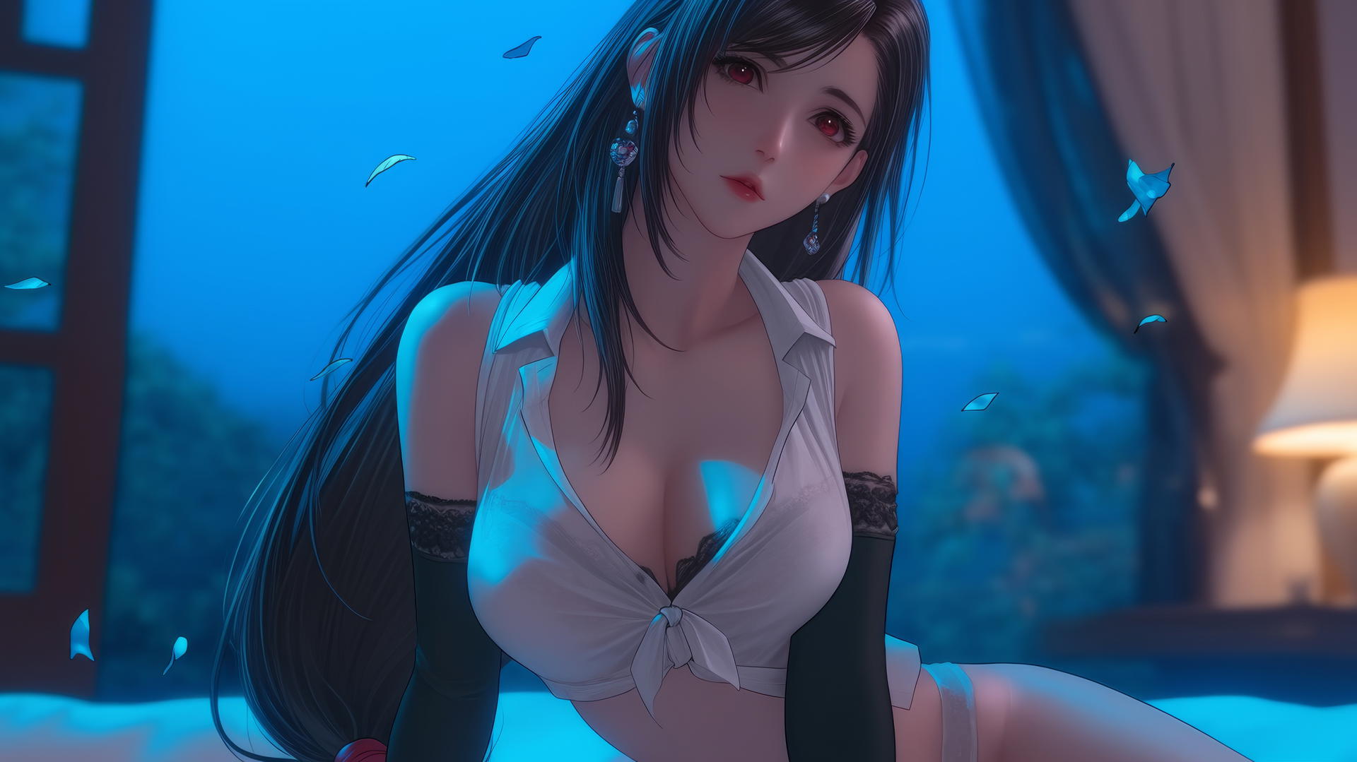 Tifa Lockhart kneeling in a modern hotel room, wearing a white office shirt, with a neon light glow highlighting her figure.