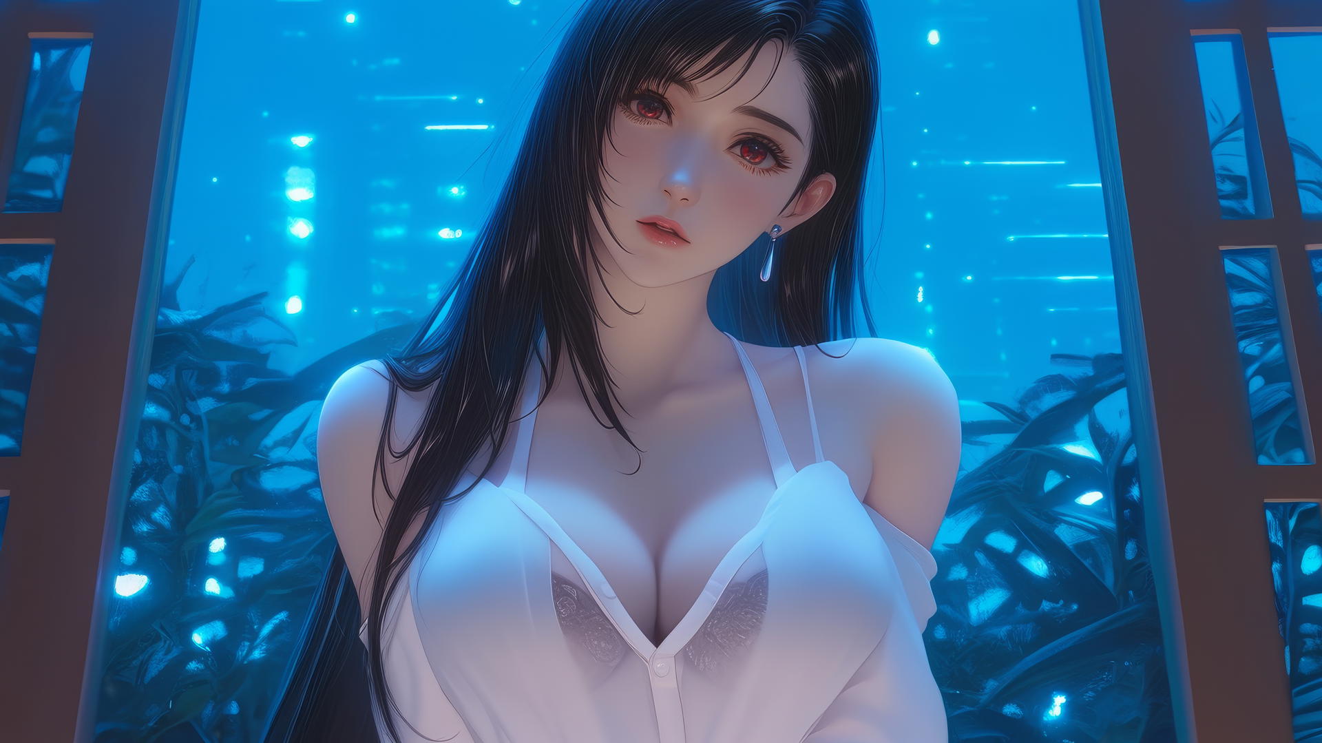 Tifa Lockhart kneeling in a neon-lit modern hotel room wearing a white office shirt.