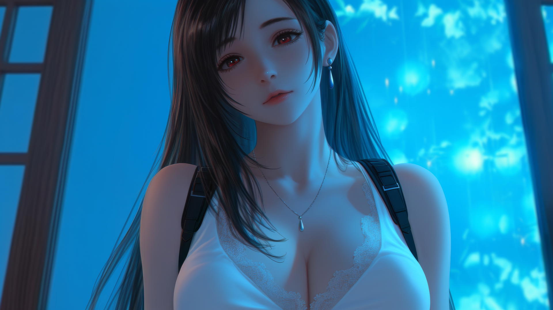 Tifa Lockhart kneeling, wearing white office shirt in neon-lit modern hotel room
