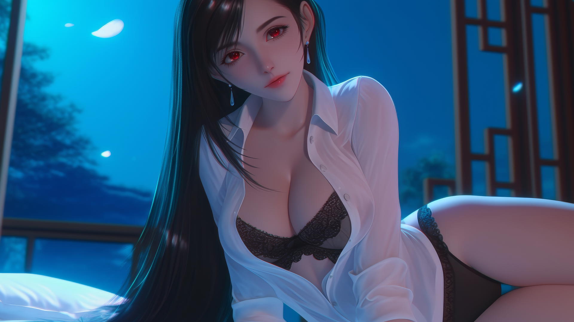 Tifa Lockhart kneeling in a modern hotel room, wearing a white office shirt