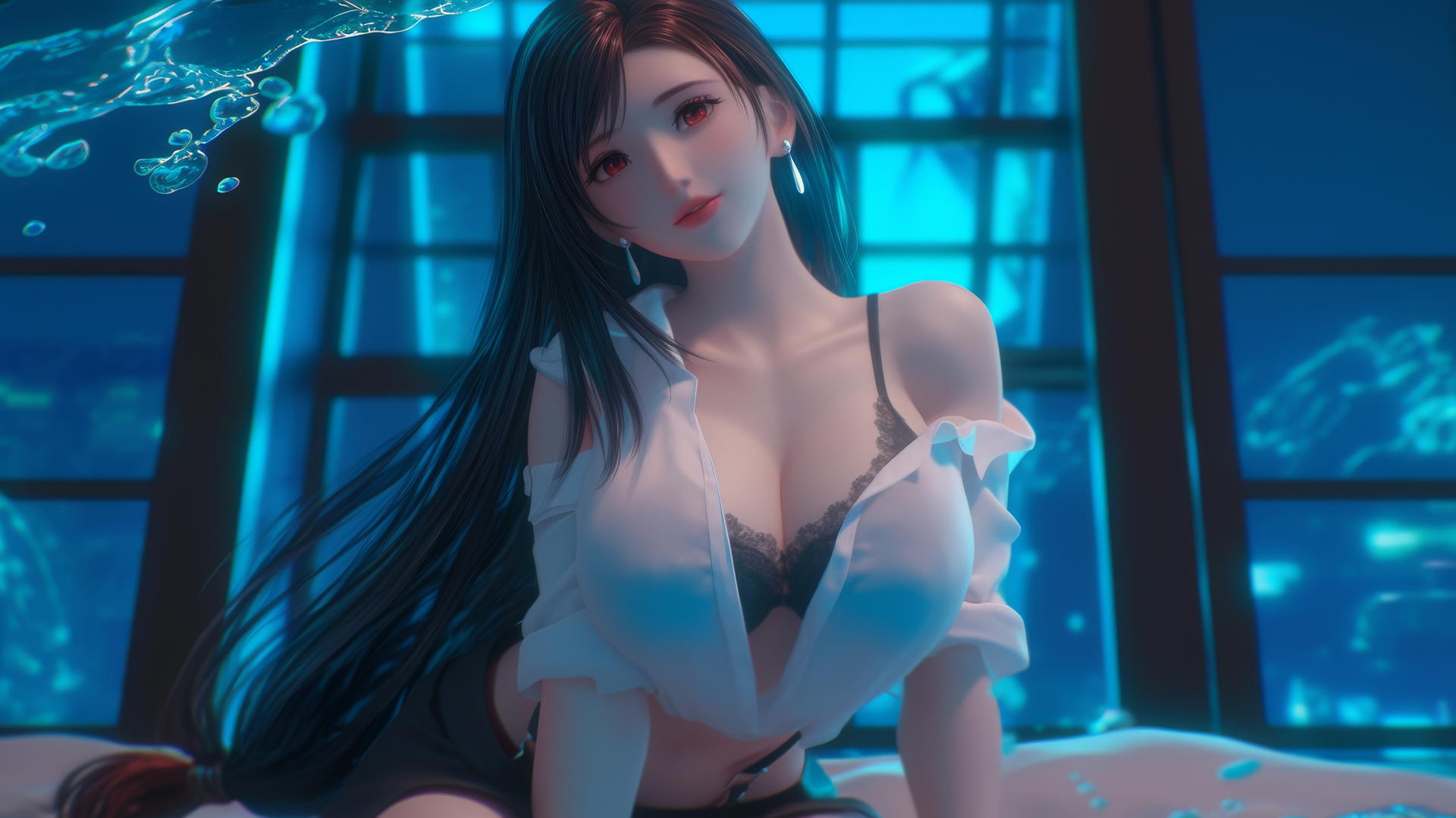 Tifa Lockhart kneeling, wearing a white office shirt, neon lights highlighting her in a hotel room.
