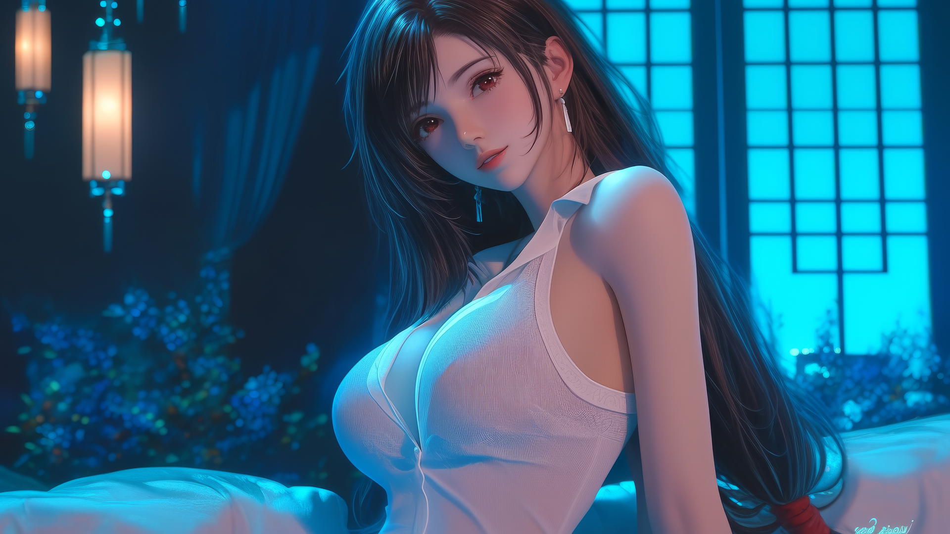 Tifa Lockhart kneels in a modern hotel room with neon lights